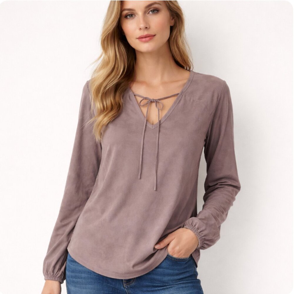 DYLAN Luxe Boho Faux Suede V-Neck Tie Long Sleeve Blouse Soft Neutral